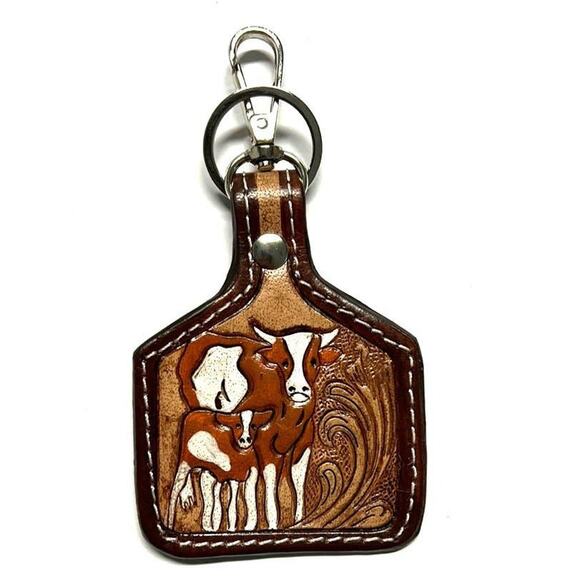 Western Cow Tooled Leather Cattal Tag Ket Chain Bag Charm - Picture 1 of 2